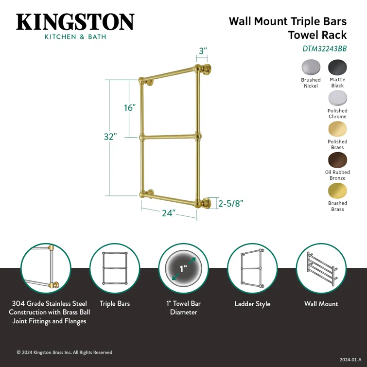 Kingston Brass Palatine 24-Inch Wall Mount 3-Bar Towel Rack