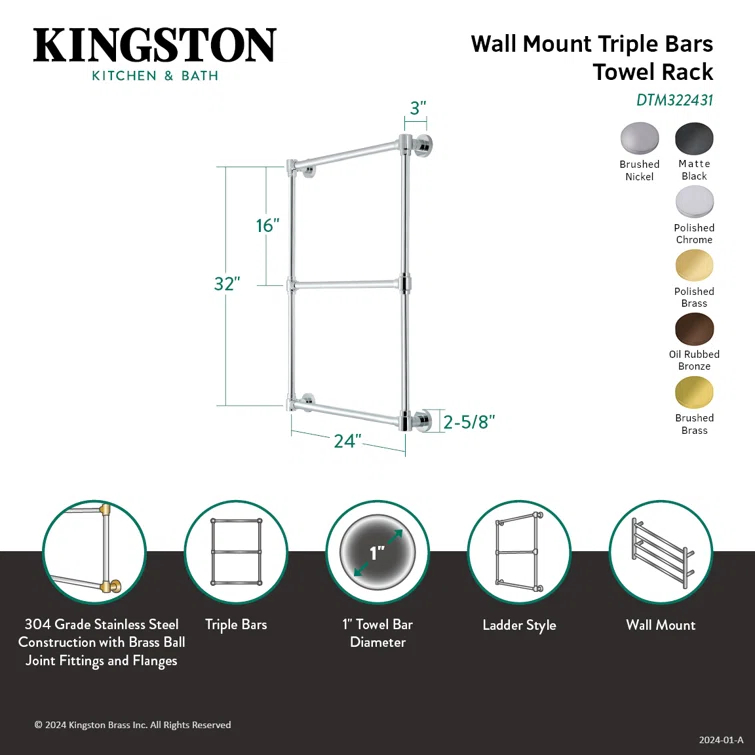 Kingston Brass Gallant 24-Inch Wall Mount 3-Bar Towel Rack