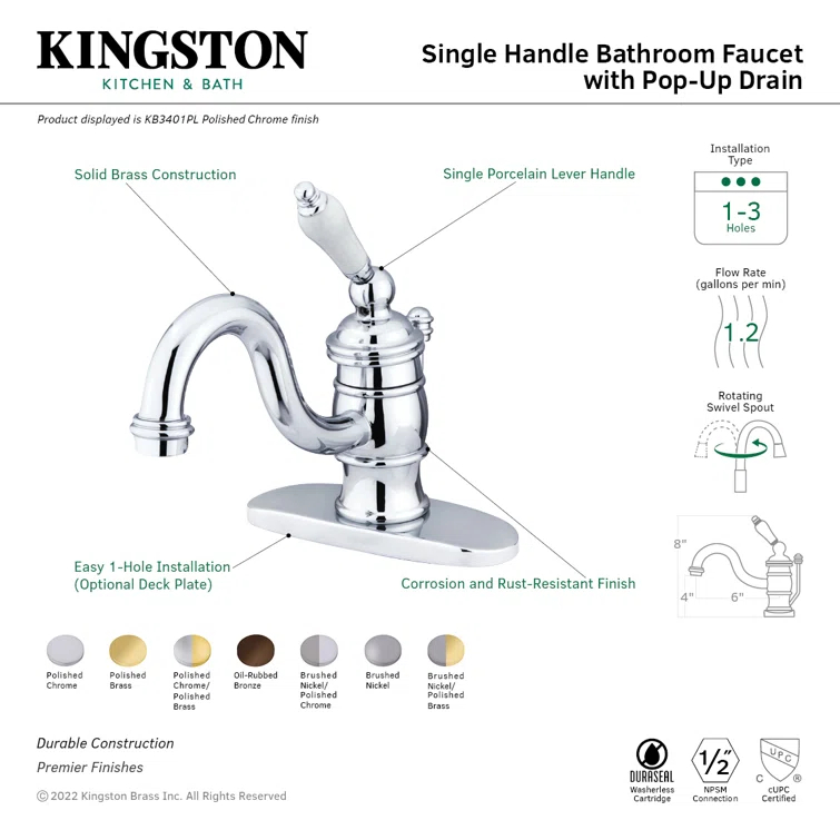 Kingston Brass Victorian Single-Handle 1-Hole Deck Mount Bathroom Faucet with Plastic Pop-Up