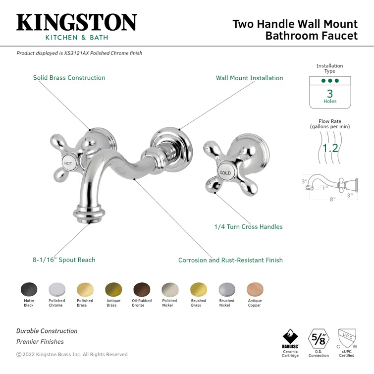 Kingston Brass Vintage Two-Handle 3-Hole Wall Mount Bathroom Faucet