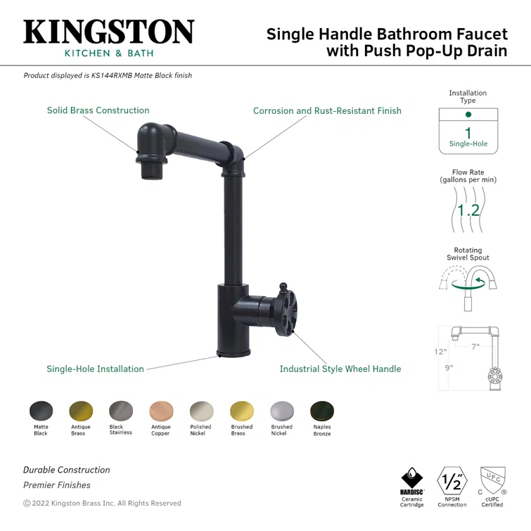 Kingston Brass Belknap Single-Handle 1-Hole Deck Mount Bathroom Faucet with Push Pop-Up