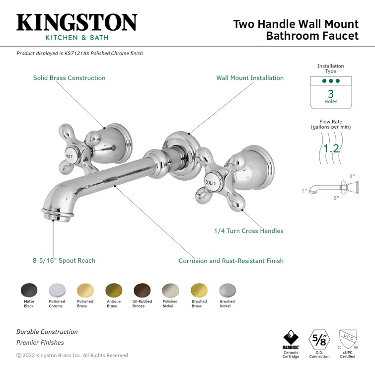 Kingston Brass English Country Two-Handle 3-Hole Wall Mount Bathroom Faucet