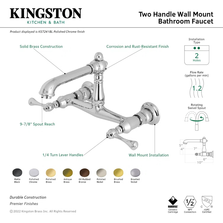 Kingston Brass English Country Two-Handle 2-Hole Wall Mount Bathroom Faucet