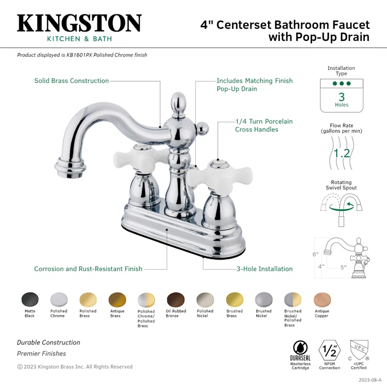 Kingston Brass Heritage Two-Handle 3-Hole Deck Mount 4" Centerset Bathroom Faucet with Plastic Pop-Up