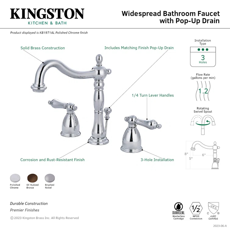 Kingston Brass Heritage Two-Handle 3-Hole Deck Mount Widespread Bathroom Faucet with Pop-Up Drain