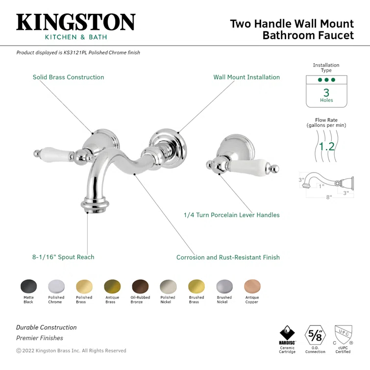 Kingston Brass Vintage Two-Handle 3-Hole Wall Mount Bathroom Faucet