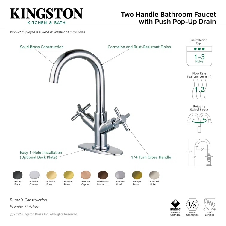 Kingston Brass Concord Two-Handle 1-Hole Deck Mount Bathroom Faucet with Push Pop-Up