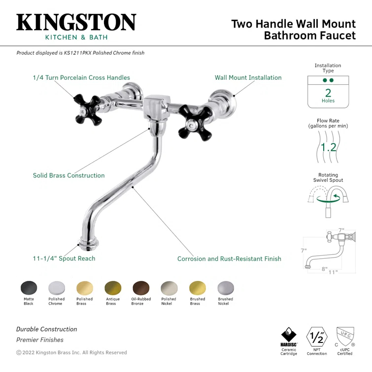 Kingston Brass Duchess Two-Handle 2-Hole Wall Mount Bathroom Faucet