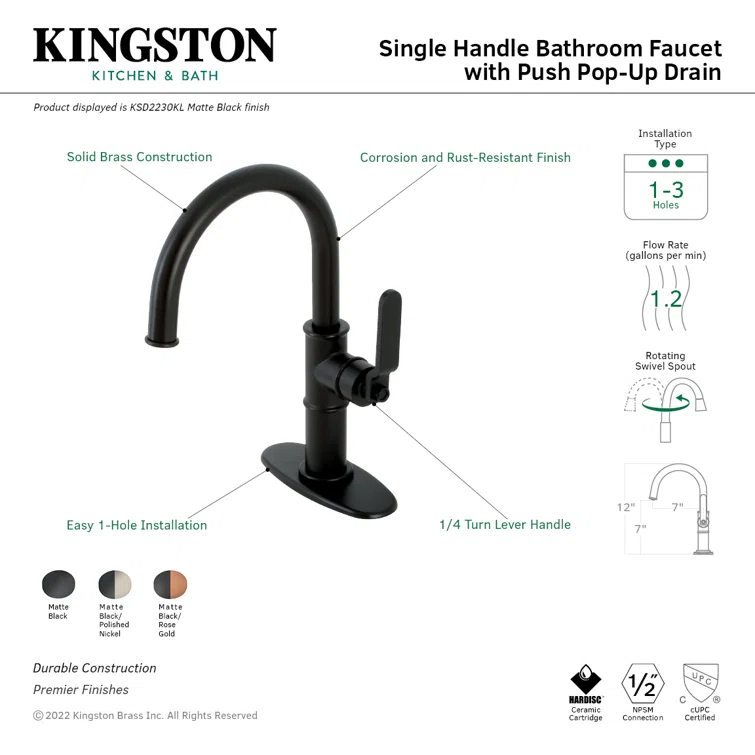 Kingston Brass Whitaker Single-Handle 1-Hole Deck Mount Bathroom Faucet with Push Pop-Up and Deck Plate