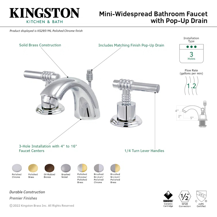 Kingston Brass Two-Handle 3-Hole Deck Mount Mini-Widespread Bathroom Faucet with Brass Pop-Up