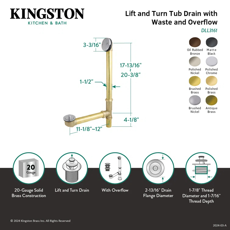 Kingston Brass Made To Match 21-Inch Brass Lift and Turn Tub Waste and Overflow