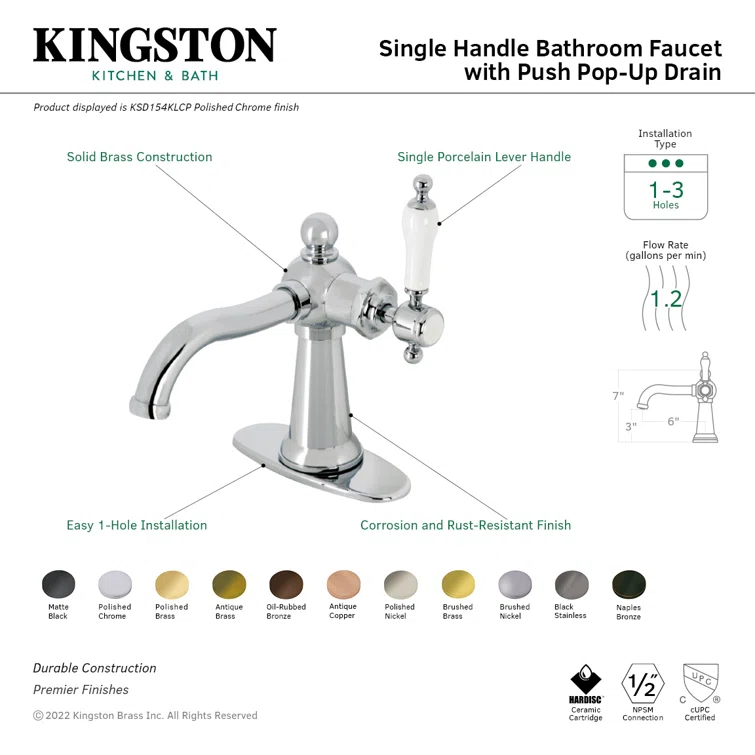 Kingston Brass Nautical Single-Handle 1-Hole Deck Mount Bathroom Faucet with Push Pop-Up and Deck Plate