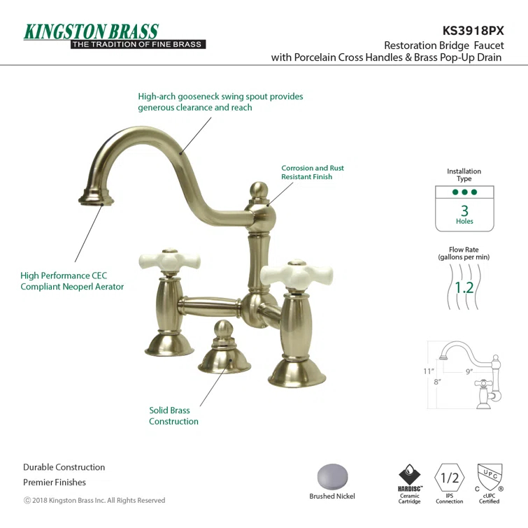Kingston Brass Restoration Two-Handle 3-Hole Deck Mount Bridge Bathroom Faucet with Brass Pop-Up