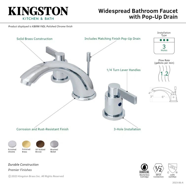 Kingston Brass NuvoFusion Two-Handle 3-Hole Deck Mount Widespread Bathroom Faucet with Retail Pop-Up Drain