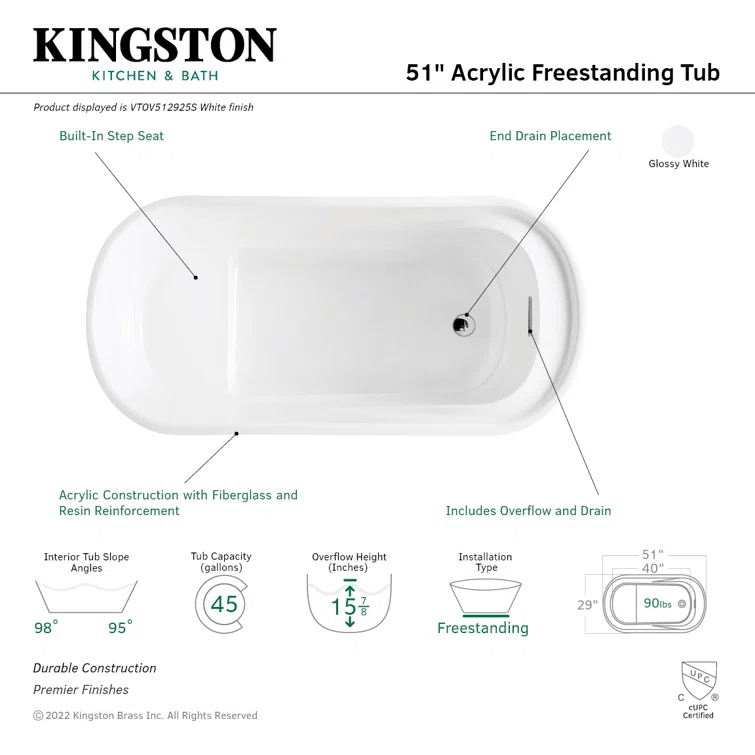 Kingston Brass Aqua Eden 51-Inch Acrylic Oval Double Ended Freestanding Tub with Drain and Integrated Seat