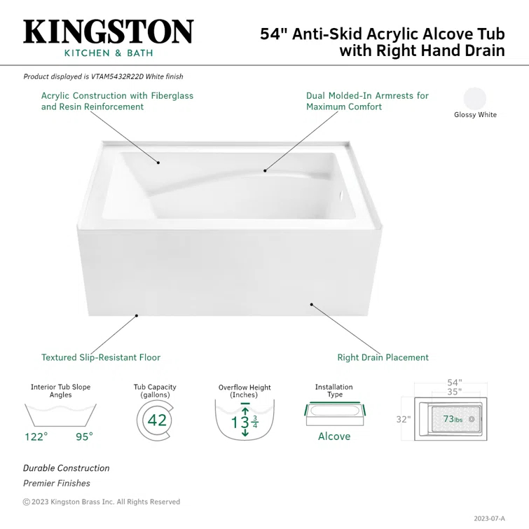 Kingston Brass Aqua Eden 54-Inch Acrylic Rectangular 3-Wall Alcove Tub, Hand Drain and Anti-Skid Surface