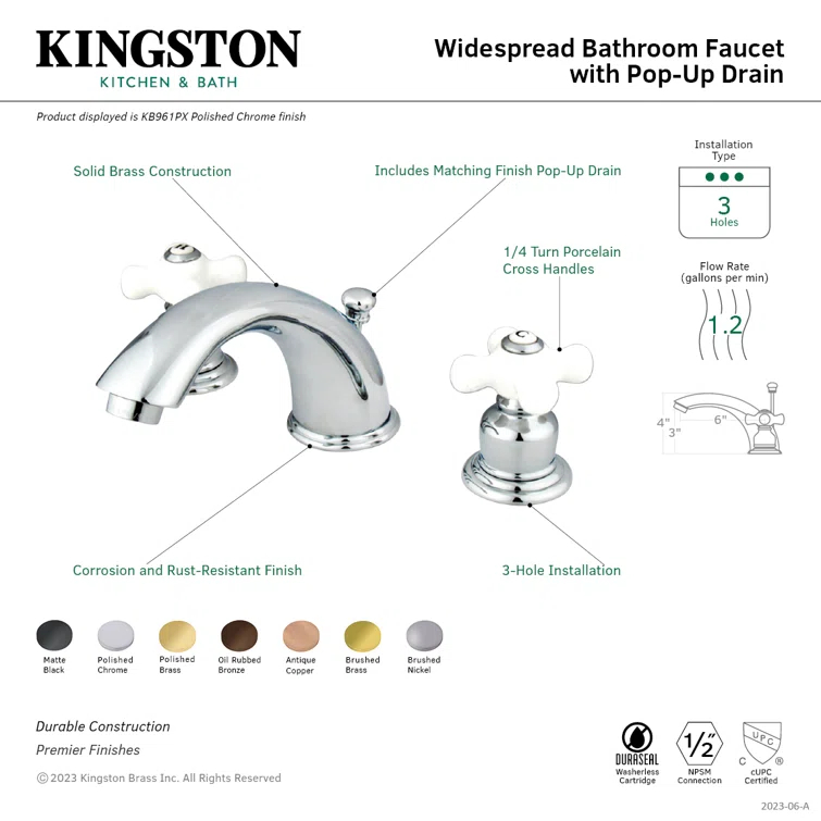 Kingston Brass Magellan Two-Handle 3-Hole Deck Mount Widespread Bathroom Faucet with Retail Pop-Up Drain