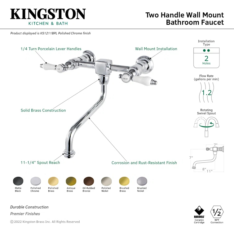 Kingston Brass Bel-Air Two-Handle 2-Hole Wall Mount Bathroom Faucet