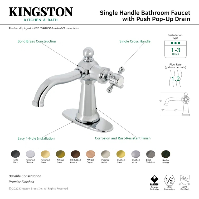 Kingston Brass Nautical Single-Handle 1-Hole Deck Mount Bathroom Faucet with Push Pop-Up and Deck Plate