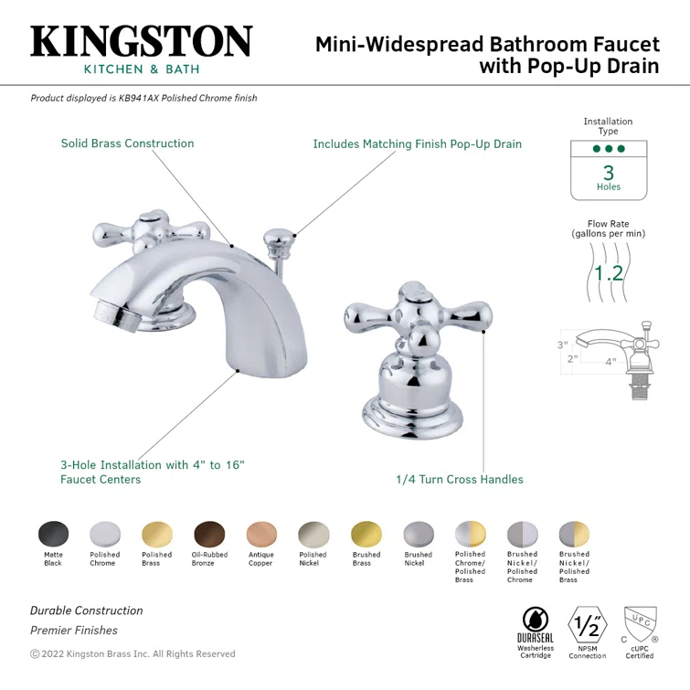 Kingston Brass Victorian Two-Handle 3-Hole Deck Mount Mini-Widespread Bathroom Faucet with Plastic Pop-Up