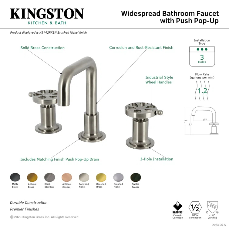 Kingston Brass Belknap Two-Handle 3-Hole Deck Mount Widespread Bathroom Faucet with Push Pop-Up Drain
