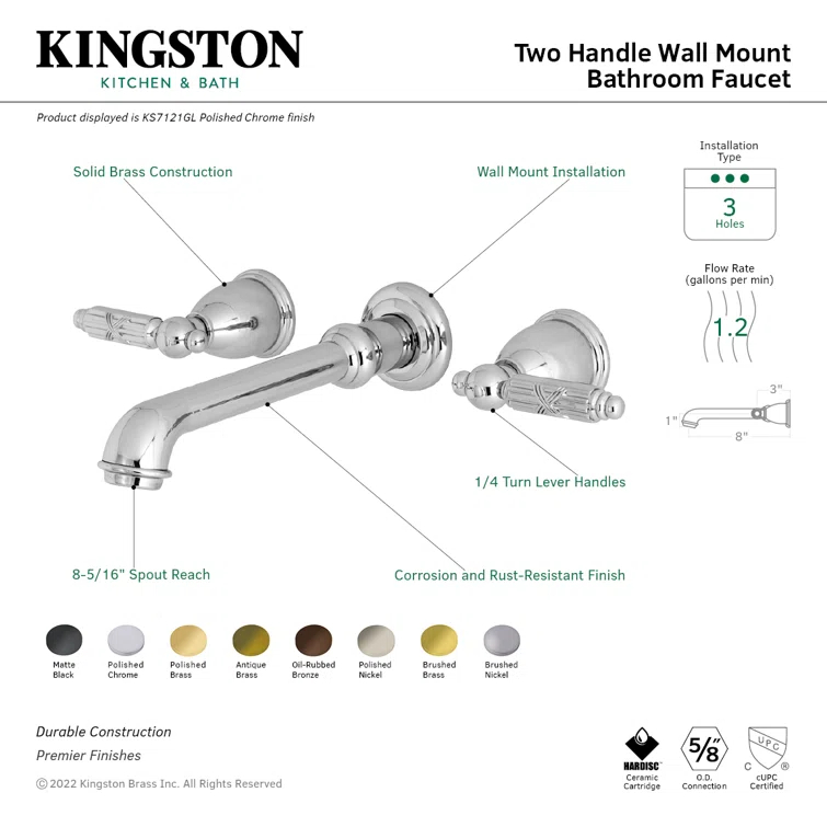 Kingston Brass Georgian Two-Handle 3-Hole Wall Mount Bathroom Faucet