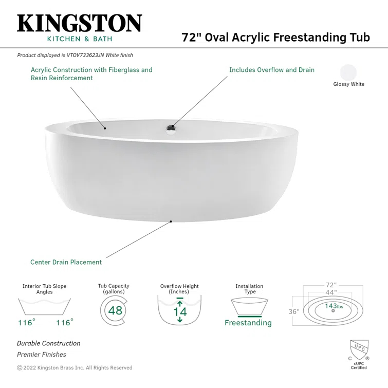 Kingston Brass Aqua Eden 72-Inch Acrylic Oval Double Ended Freestanding Tub with Drain