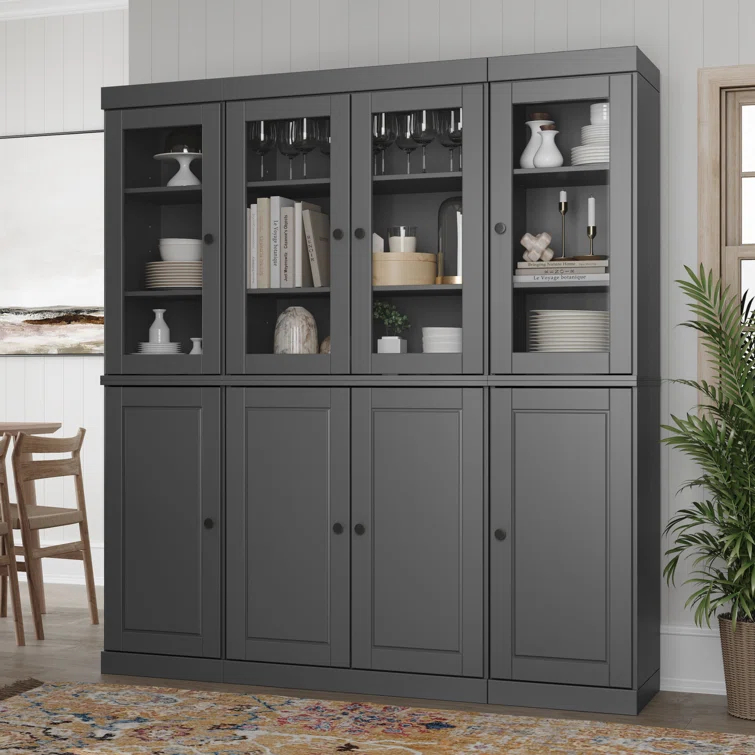 Pulcova 100% Solid Wood 65" Pantry Cabinet with Solid, Clear Glass Doors, 2-Drawers and Adjustable Shelves