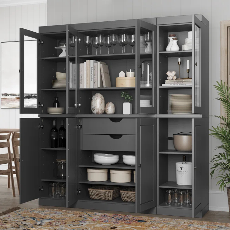 Pulcova 100% Solid Wood 65" Pantry Cabinet with Solid, Clear Glass Doors, 2-Drawers and Adjustable Shelves