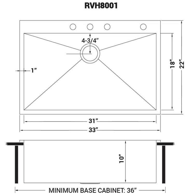 Ruvati 33 x 22 inch Drop-in Topmount Zero Radius Stainless Steel Kitchen Sink Single Bowl - 4 holes