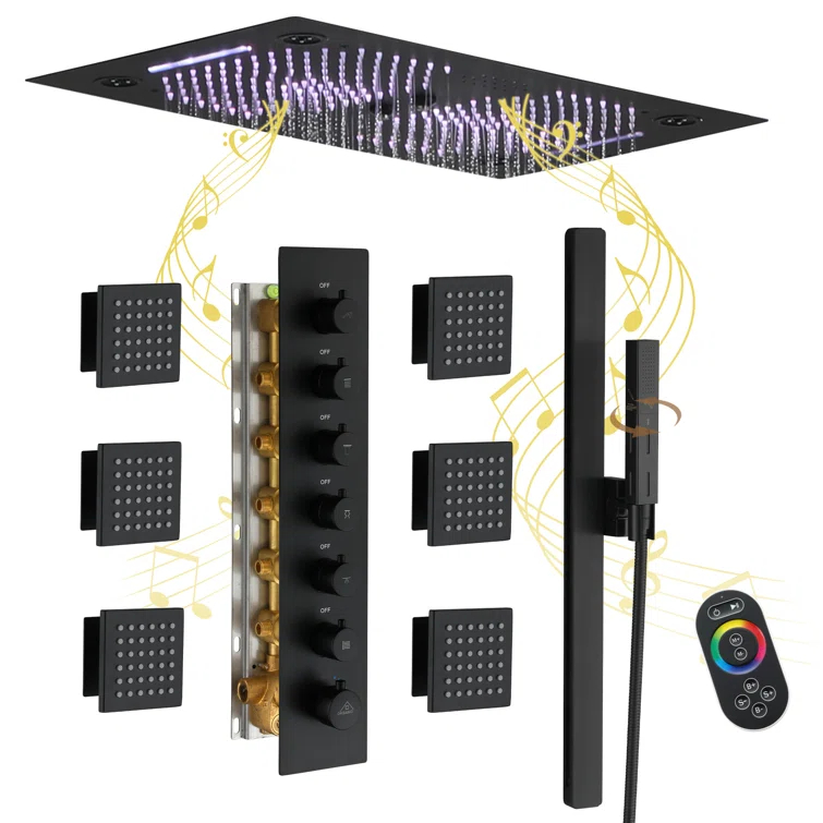 Rodeo 27.5-Inch LED&Music Rainfall Thermostatic Shower System with Slide Bar and 2-in-1 Handheld