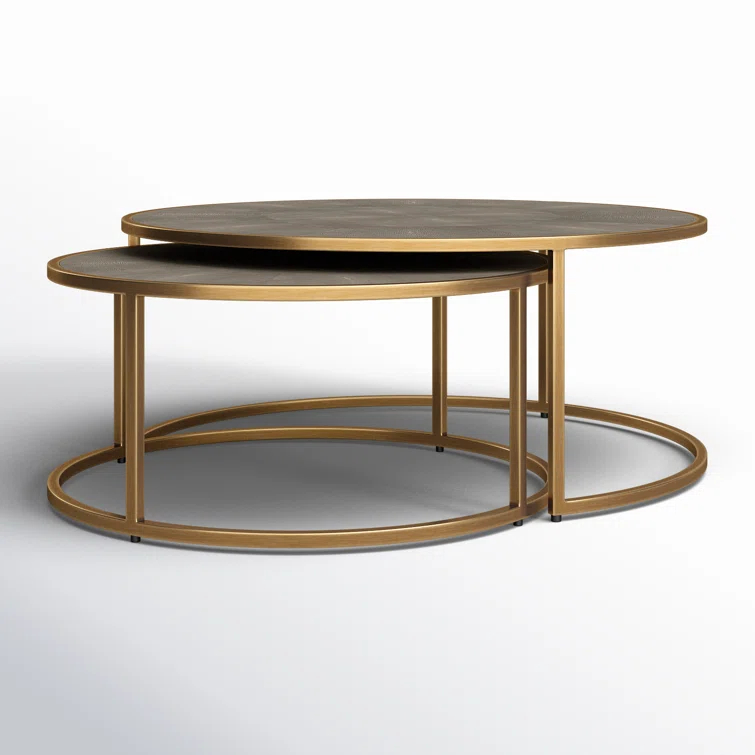 Crescent Antique Brass Nesting Coffee Table Set with Faux Shagreen Top
