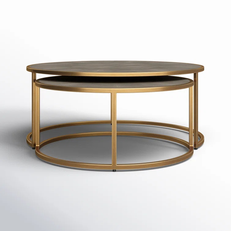Crescent Antique Brass Nesting Coffee Table Set with Faux Shagreen Top