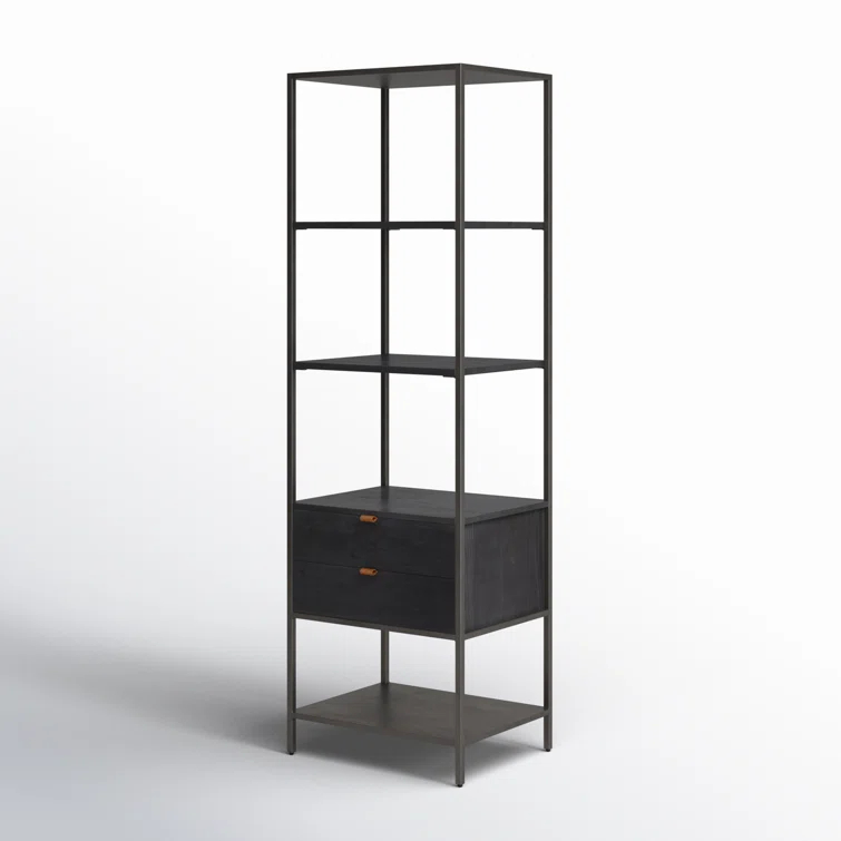 Contemporary Black Wash Poplar Bookshelf with Leather Pulls