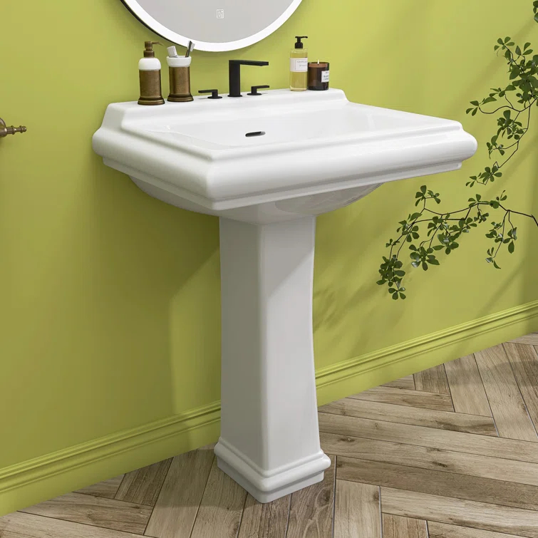 Ogonbrick 26'' Vitreous China Rectangular Bathroom Pedestal Sink with with 3 Faucet Holes at 4" Centers and Overflow in White