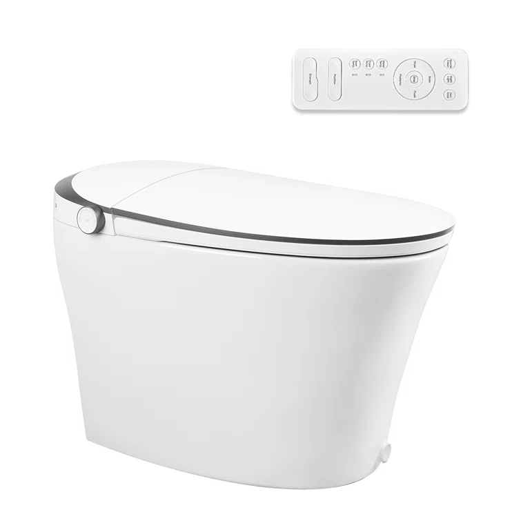 Smart Toilet with Quiet-Closed Heated Seat, Foot Kick/Off-seat/Blackout/Remote Flush, Bidet Elongated Toilet with Tankless, Gentle Night light, Remote Control, Advanced