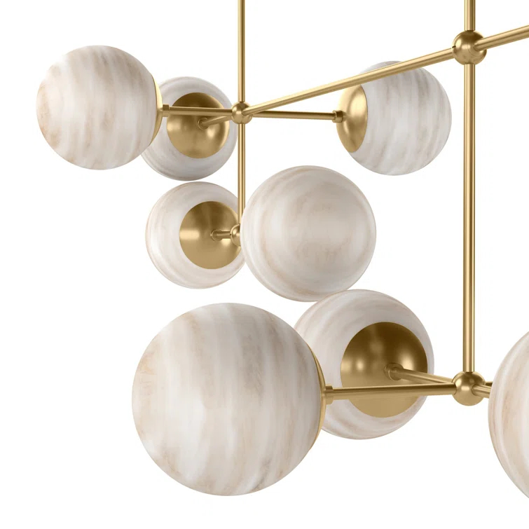 Burnished Brass 10-Light Linear Chandelier with Marbled Glass