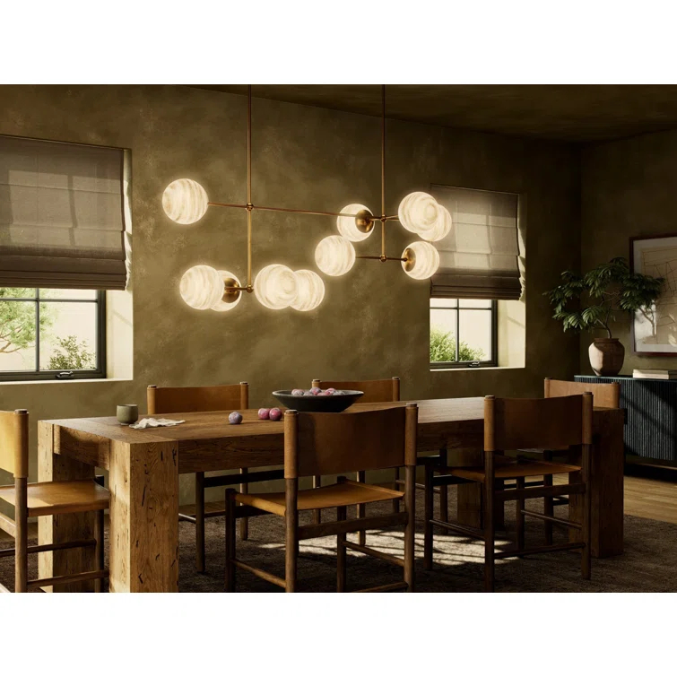 Burnished Brass 10-Light Linear Chandelier with Marbled Glass