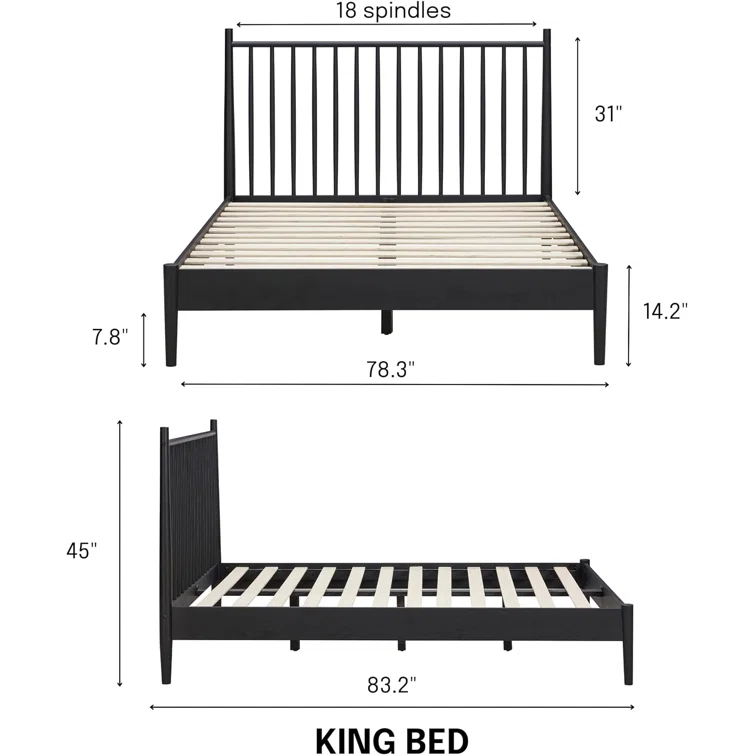 NTC Inno Solid Wood Bed Frame with Spindle Headboard and Silent Slats, 1000 lb Capacity