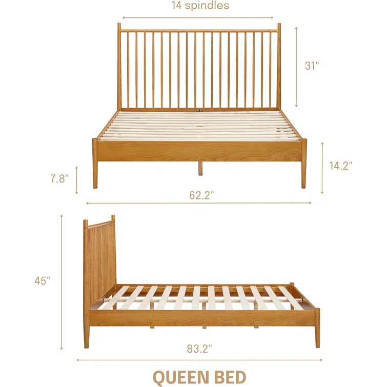 NTC Inno Solid Wood Bed Frame with Spindle Headboard and Silent Slats, 1000 lb Capacity