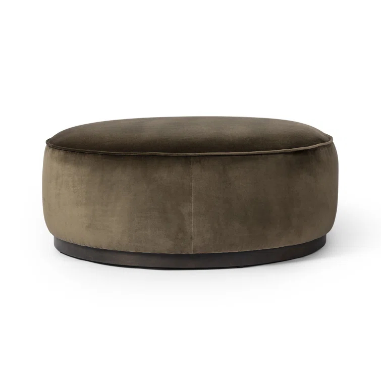 Sinclair Large Round Olive Velvet Ottoman with Brown Base