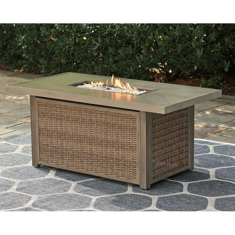 Danny Rectangle Resin/Wicker Propane Fire Pit Table with Hidden Fuel Tank