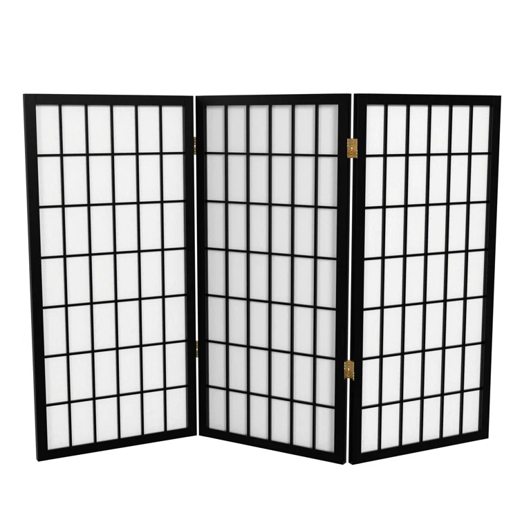 3 ft. Tall Window Pane Shoji Screen - Black (3 Panels) - Oriental Furniture: Hardwood Frame, No Assembly Required