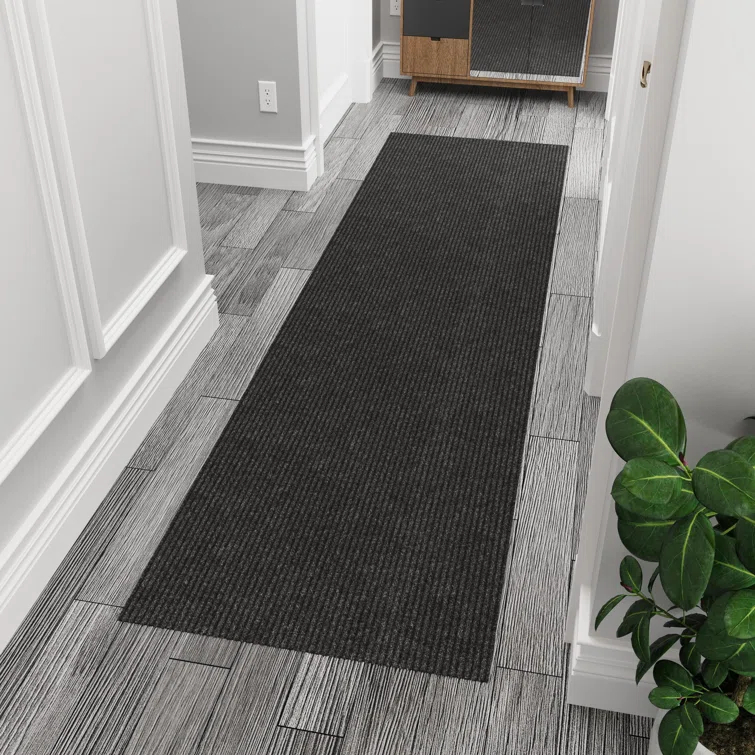 Ottomanson Stepwell Collection Utility Ribbed Garage Mat/Patio/Long Hallway Runner Rug, Black
