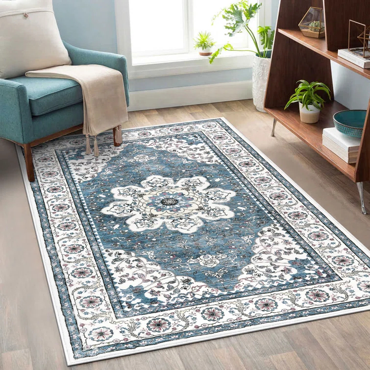 Polyester Machine Washable Blue Oriental Area Rug