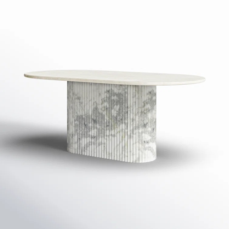 Polished White Marble Oval Dining Table with Fluted Base