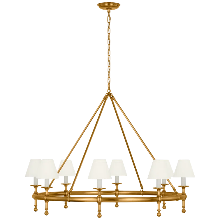 Antique-Burnished Brass 8-Light Chandelier with Linen Shades