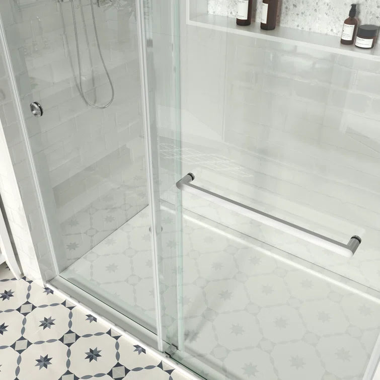 MCOCOD DS01H-7276-BR 72" W x 76" H x 2/5" THK Tempered Glass Double Smooth Sliding Frameless Shower Door with Towel Bar Handle & Knob & Anti-Collision Function