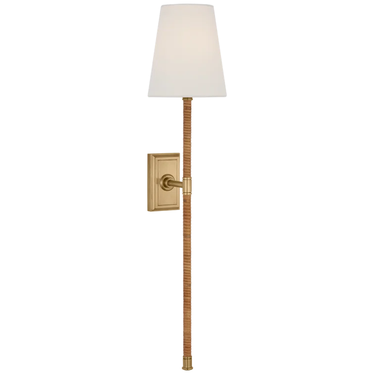 Antique Burnished Brass and Natural Rattan Wall Sconce with Linen Shade