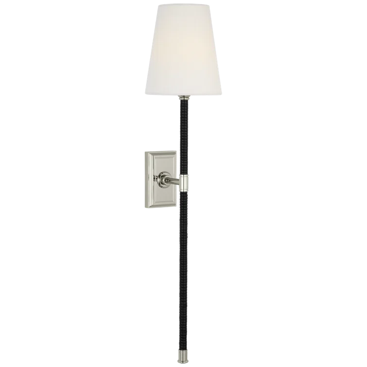 Black and Polished Nickel 28.5" Wall Sconce with Linen Shade